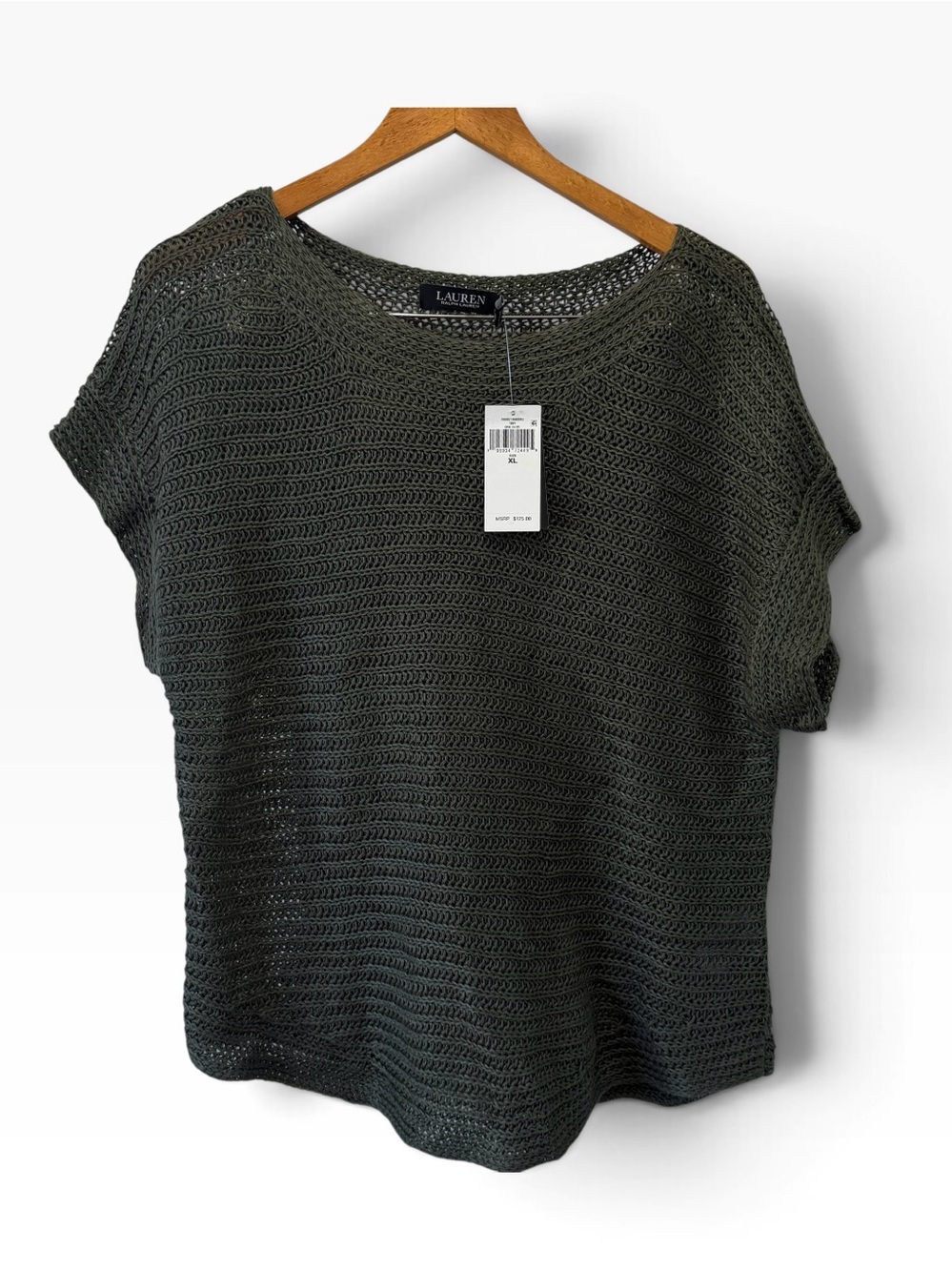 NWT Lauren Ralph Lauren Olive 100% Linen Cap Sleeve Open Knit Sweater Size XL